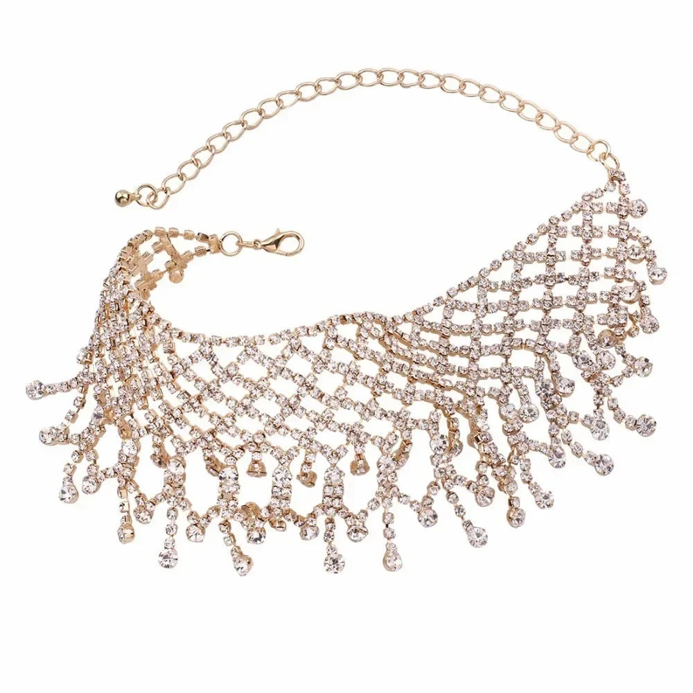 Funkelnde Quaste Halskette Luxus Kette Strass Mesh Weibliche Boho Kurze Kristall Choker Halsband Statement-Kette Hochzeit Schmuck