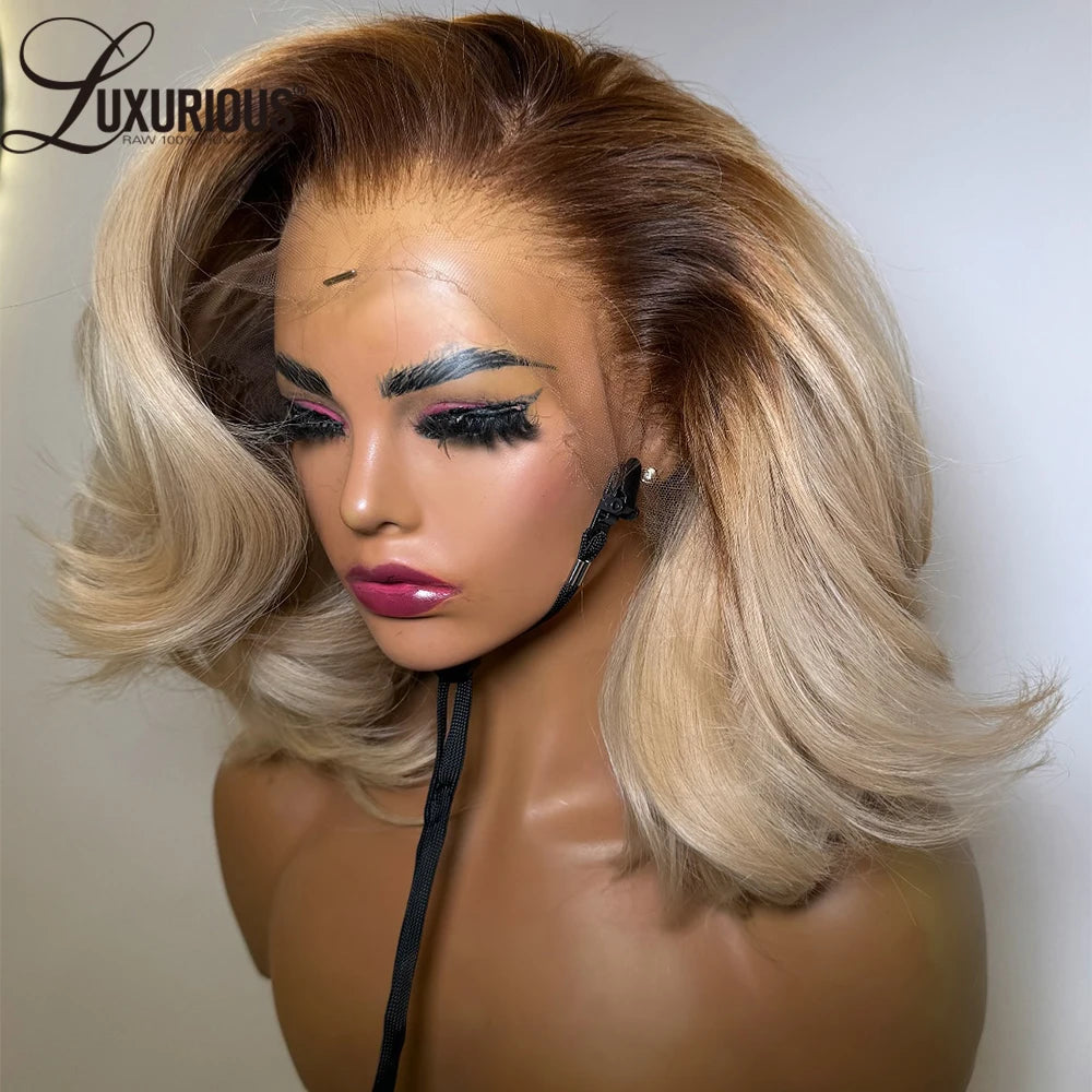 #4/613 Blonde Kurze Bob Echthaar-Perücken Für Frauen 13x6 Lace Wig Echthaar 13x4 Transparente Lace Wig Ombre Honigblonde Perücke 180%