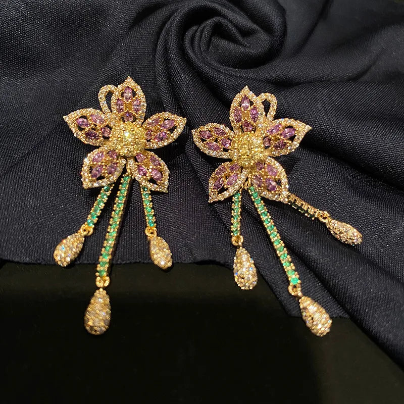 Zircon Purple Delicate Flower Water Drop Fringed Earrings