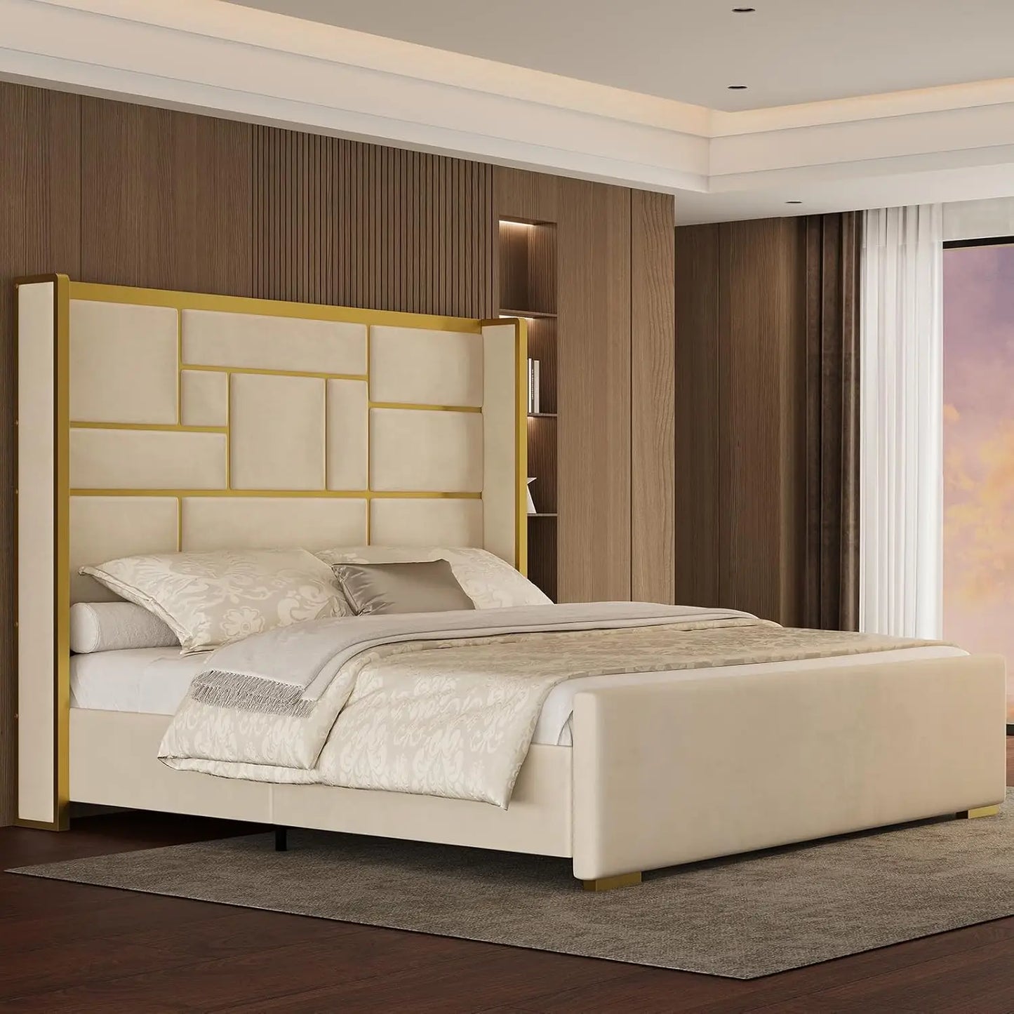 King Size Bed Frame with 55.12" Tall Headboard, Modern Luxury Velvet Upholstered Platform Bed with Gold Trim, Wide, Custom
