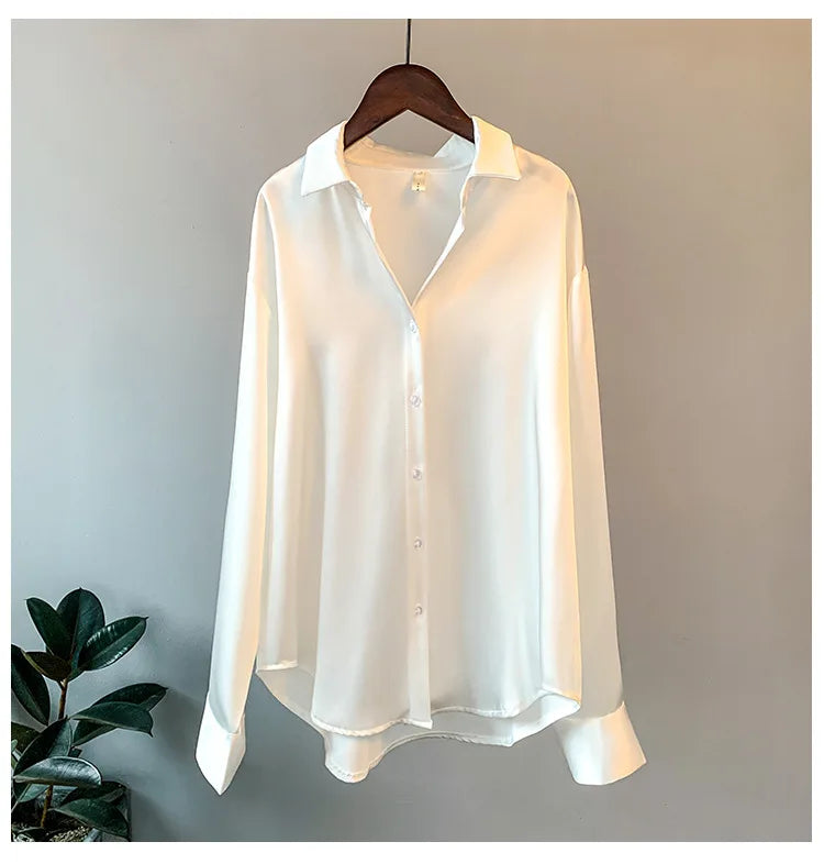 1pcs Woman Spring Autumn Satin Shirt Lady Long Sleeve Lapel Blouses Cardigans Elegance Sweet Casual Coats Girl Sunscreen Top