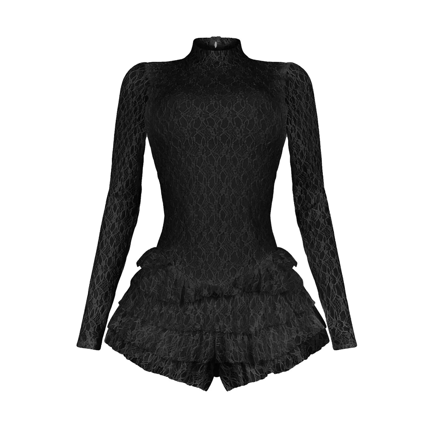 BWQ Women Long Sleeve Lace Ruffles Ruched High Waist Short Jumpsuit Streetwear Backless Street One Piece Romper Playsuit
