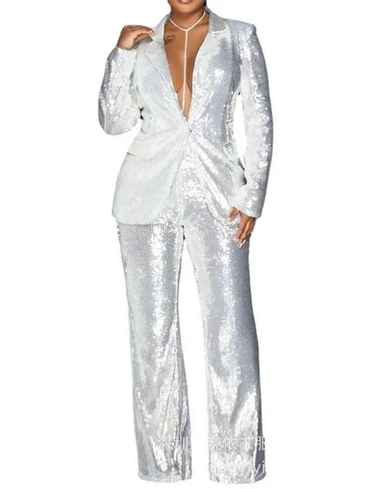 Sequin Blazer V-Neck Two Piece Pant Suit Set