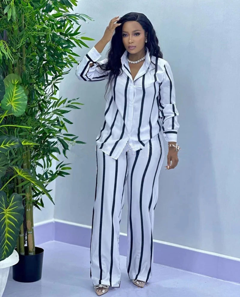 African Fashion Stripe Two Piece Set Women Summer Casual Button Long Sleeved Shirt Wide Leg Pants Two Piece Set Women