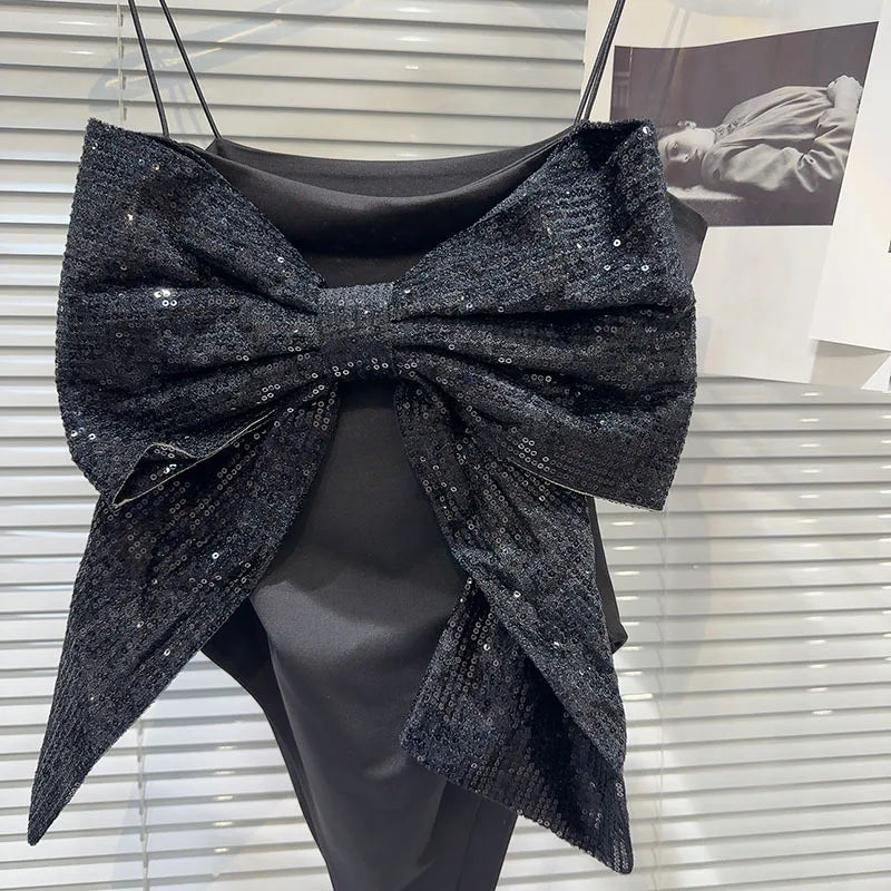 DEAT Sequin Big Bow Jumpsuit Suspender Vest For Women 2024 Summer New Fashion Celebrity Solid Color Camisole Female 11XX9197