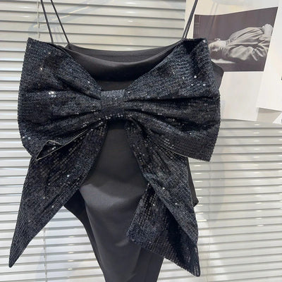 DEAT Sequin Big Bow Jumpsuit Suspender Vest For Women 2024 Summer New Fashion Celebrity Solid Color Camisole Female 11XX9197