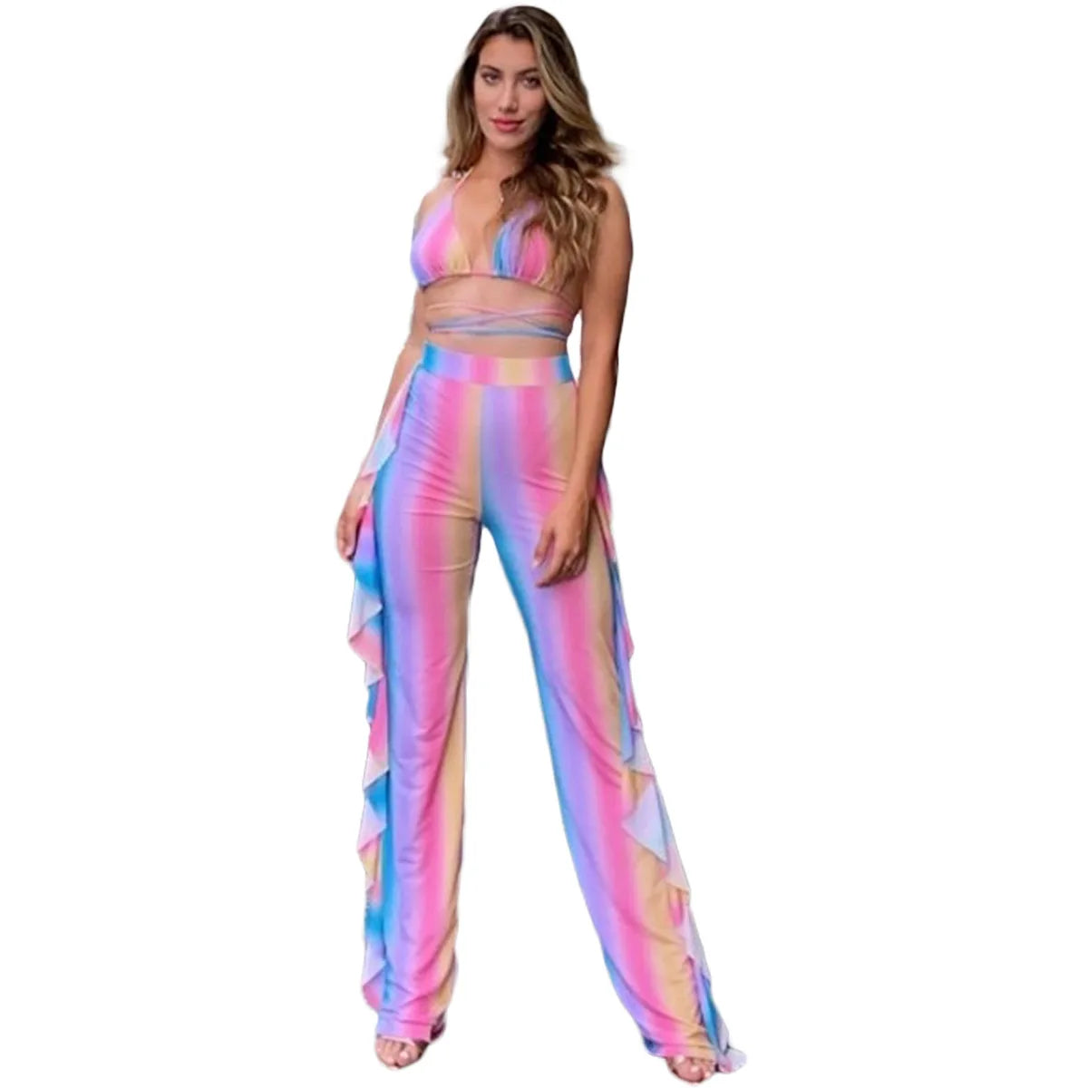 Bra+tassel Pants Suit  2 Piece Set Women Hot Pink Swimsuit Mesh Bathing Suit Sexy Matching Swimwear Viquinis Mujer 2022