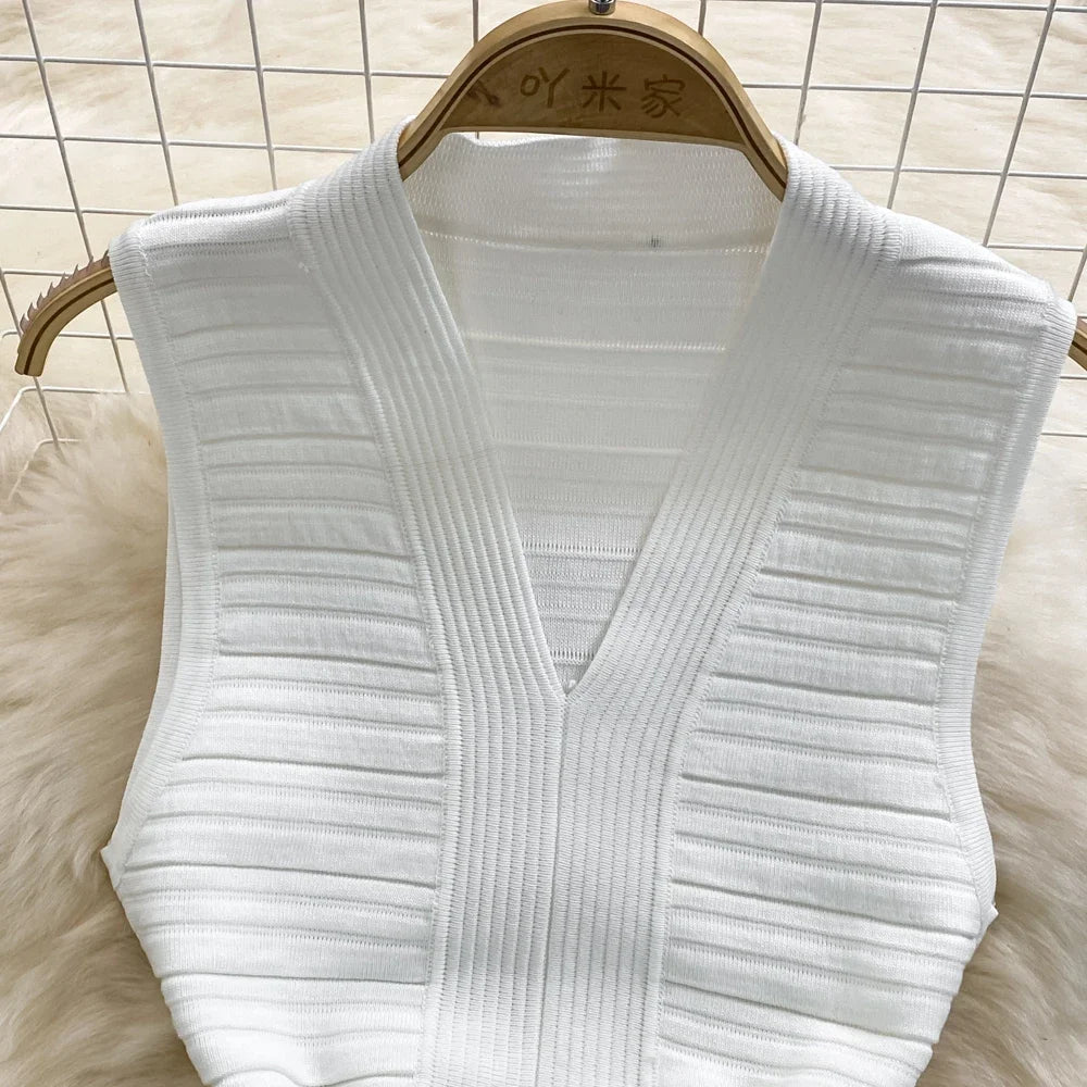 White/Black Sexy Summer Knit Strap Dress Women Tank V Neck Elatic Waist Bodycon Sundress Female Beach  Midi Dress