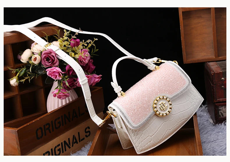 Fashion Diamonds Women Handbags 2023 Red Genuine Leather Lady Shoulder Messenger Bag Crocodile Pattern Portable Shell Tote Bags