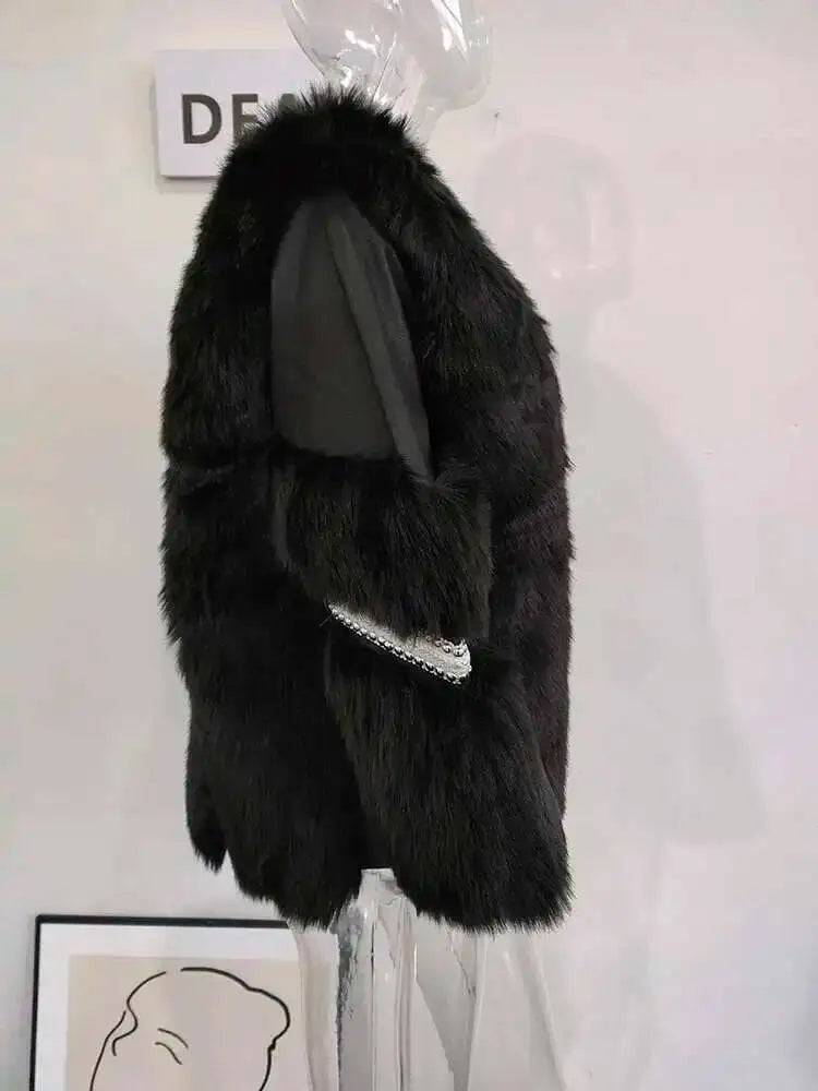 DEAT Fashion Temperament Thickened Fur Coat Cardigan Women Top-Quality Leather Patchwork Long Sleeve Jacket 2024 Winter 11SX023