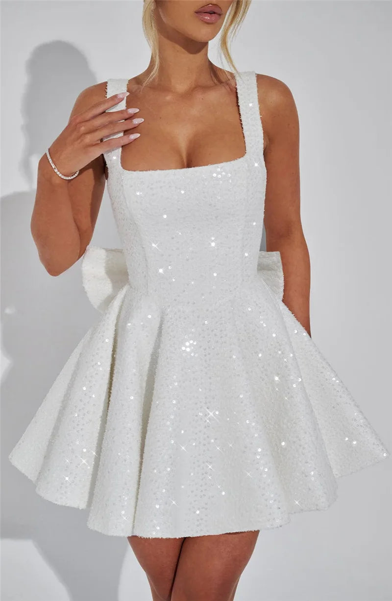 Mozision Pailletten-Kleid mit Schleife am Rücken, rückenfrei, sexy Mini-Kleid für Damen, modisches Etuikleid mit eckigem Ausschnitt, ärmellos, hohe Taille, A-Linie, Clubkleid
