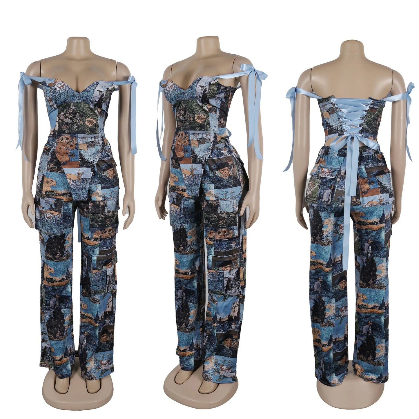 Two Pieces Women Pant Sets Print Matching Set Drawstring Pockets Sleeveless Top Elastic Waist Pants Slim Fit Casual 2026 Spring