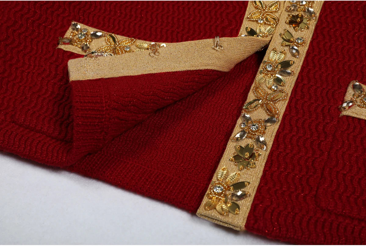 High Quality New Fashionable Elastic Knitted V-neck Luxurious Exquisite Nail Bead Piece Cardigan Slim Fit Short Skirt Women Set