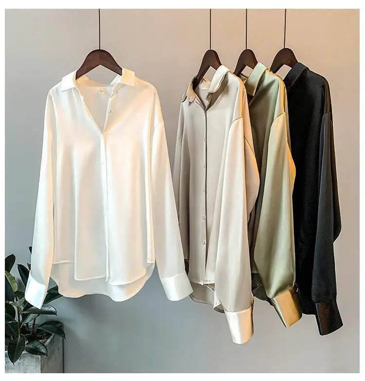 1pcs Woman Spring Autumn Satin Shirt Lady Long Sleeve Lapel Blouses Cardigans Elegance Sweet Casual Coats Girl Sunscreen Top