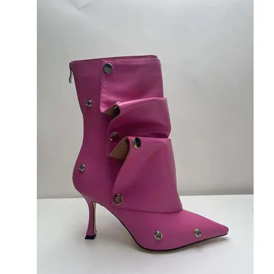 2025 Klassische Damenstiefel mit spitzer Zehe, ausgefallenen Absätzen, Nietenknopf und seitlichem Reißverschluss, einfarbig, hochhackige Schuhe, Botas Altas