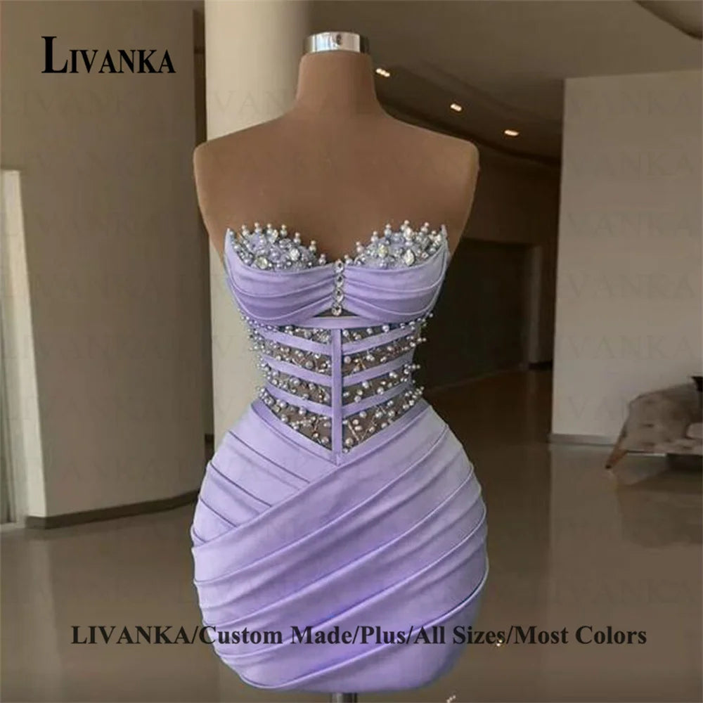 LIVANKA  Fashionable Sheath Homecoming Dresses For Women Pearls Pleat Ruched Satin Vestidos De Festa Customized Plus Size