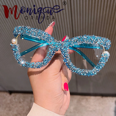Voll diamantbesetzte Oversized-Blaulichtbrille für Damen, modische dicke eckige Computerbrille, Blau, Rot, Pink, Schwarz