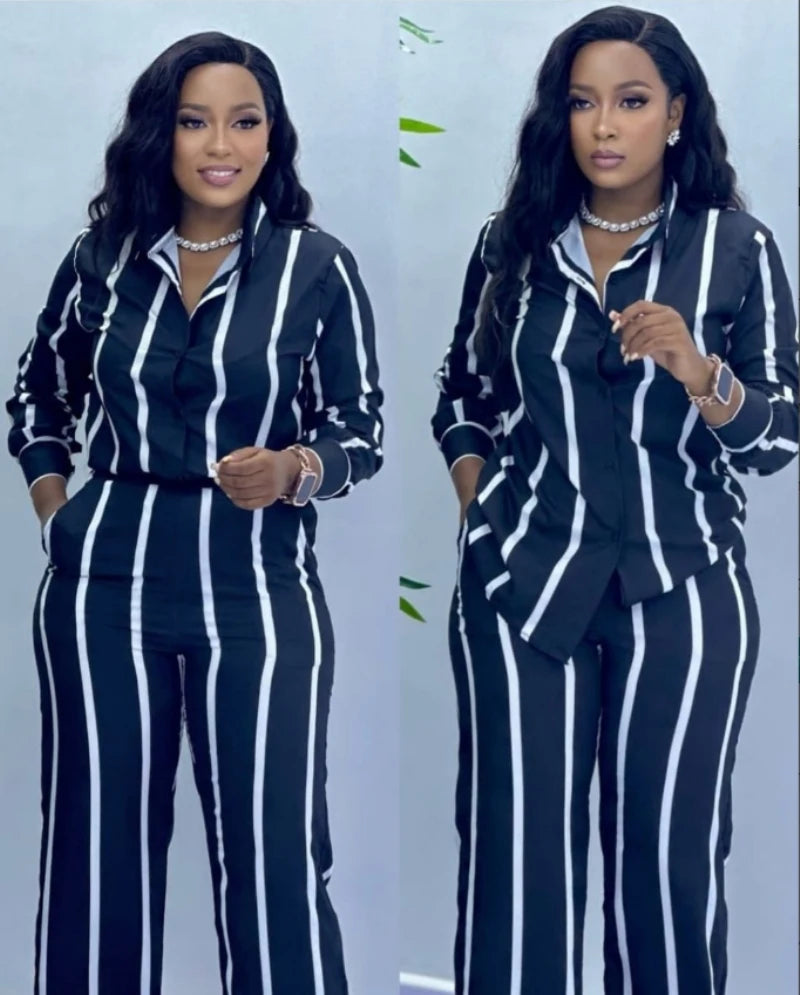 African Fashion Stripe Two Piece Set Women Summer Casual Button Long Sleeved Shirt Wide Leg Pants Two Piece Set Women