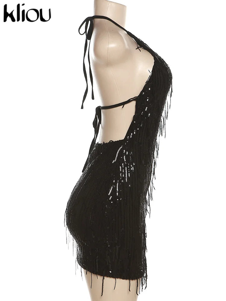 Kliou Tassel Patchwork Shiny Mini Dress Women Halter Bandage Stunning Backless Sleeveless Skinny Vestido Female Party Clubwear