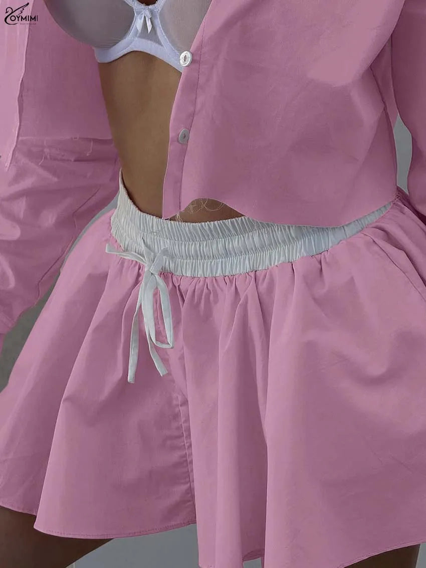 Oymimi Fashion Pink Cotton 2 Pieces Set For Woman Elegant Long Sleeve Single Breasted Crop Shirts And Drawstring Mini Skirts Set