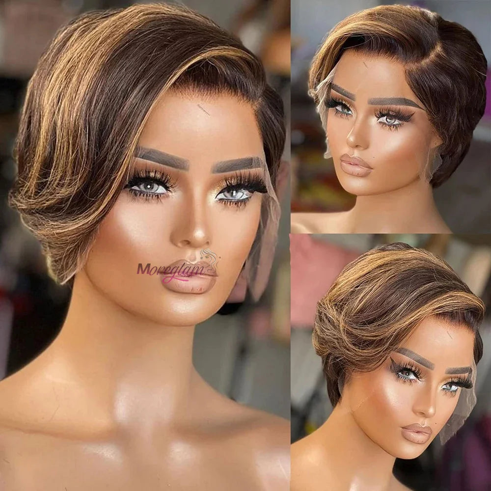 Kurze Bob Perücke Pixie Cut Perücke Glatte Echthaarperücken 13x4 Transparente Lace Front Perücke Für Frauen Highlight Glatte Pixie Cut Perücke