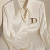 Elegante französische Damen Bluse aus weißem Satin mit Umlegekragen Langarmbluse Herbst/Winter für Frauen Lässig Schlicht Office Lady