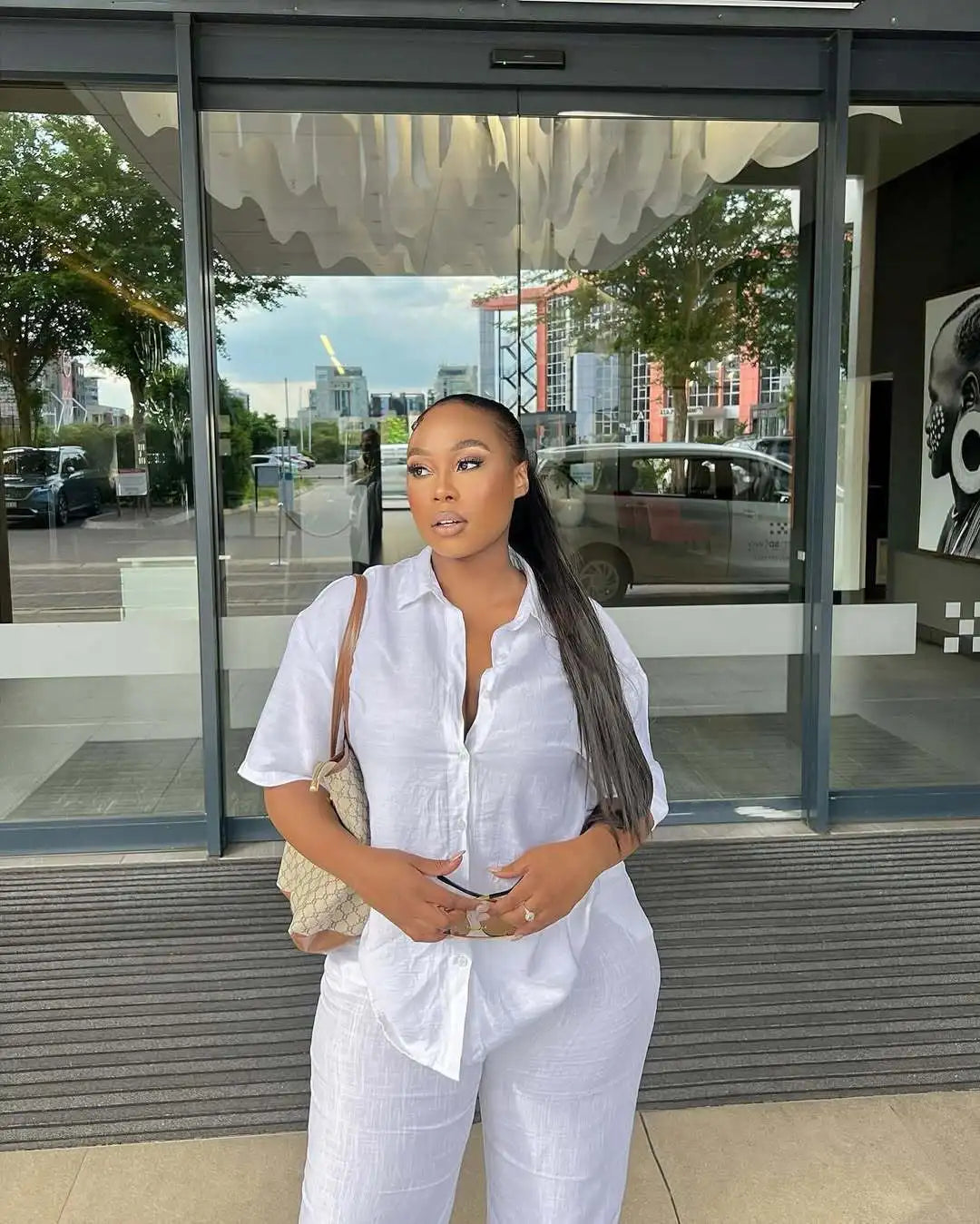 Women Casual Two Piece Pant Set Short Sleeve Turn Down Collar Shirts Top and High Waist Loose Wide Leg Pant Matching Set 2025