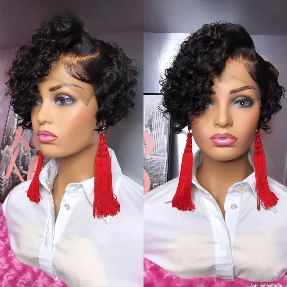 kurze lockige 13×1 T-Part transparente Spitze 6 Zoll Naturhaar Echthaar-Perücken für Frauen 150% Dichte Pixie Cut Perücke