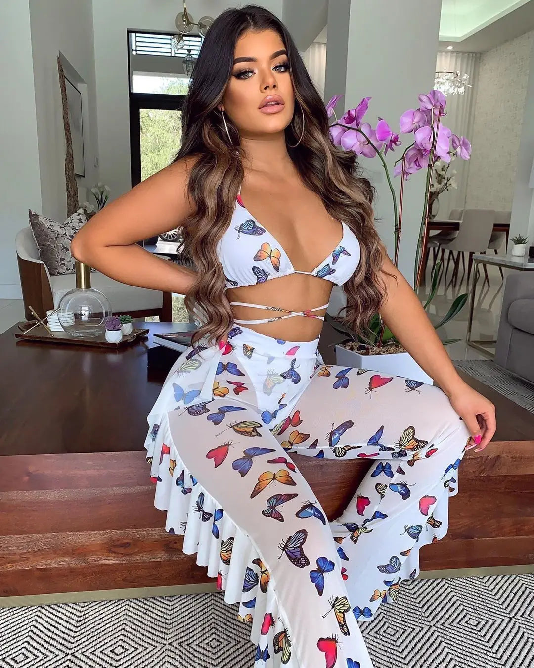 Bra+tassel Pants Suit  2 Piece Set Women Hot Pink Swimsuit Mesh Bathing Suit Sexy Matching Swimwear Viquinis Mujer 2022