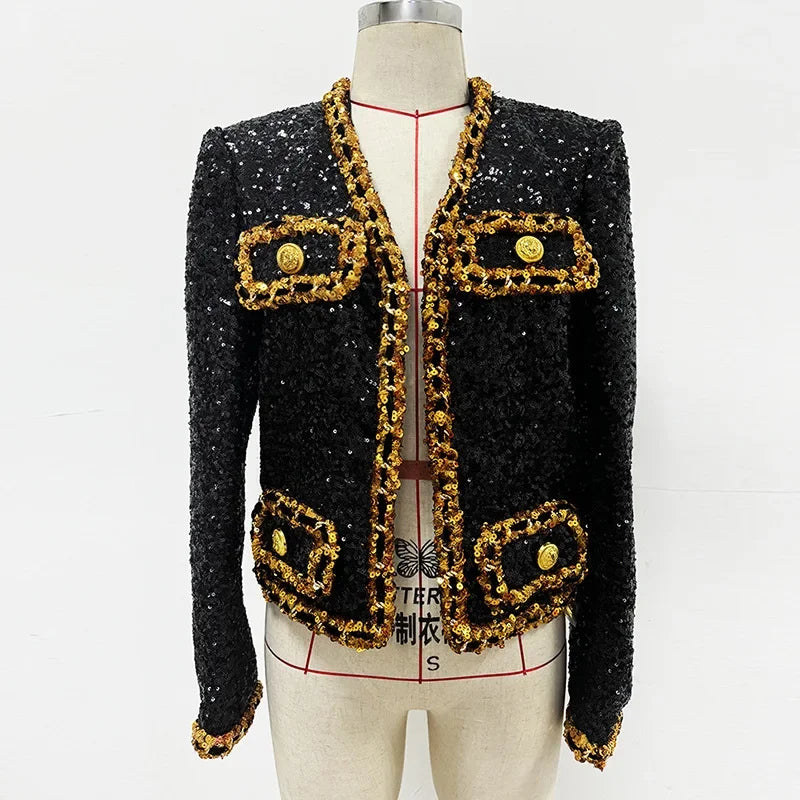 Fashion 2024 Designer Women's Gold Chains Sequined Jacket Coat Outfit Spring