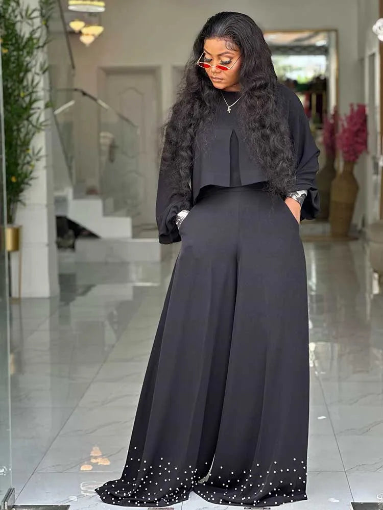 Frühlingskleidung für Damen, 2-teilige Sets Damen-Outfit, Laternenärmel-Anzug mit weiter Hose und Top, High Street Elegante Damen-Sets