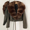 OFTBUY Natural Fox Fur Faux Leather Jacket Female New Autumn Short Top Clothing Women Long Sleeve Fake Leather Real Fur Coat