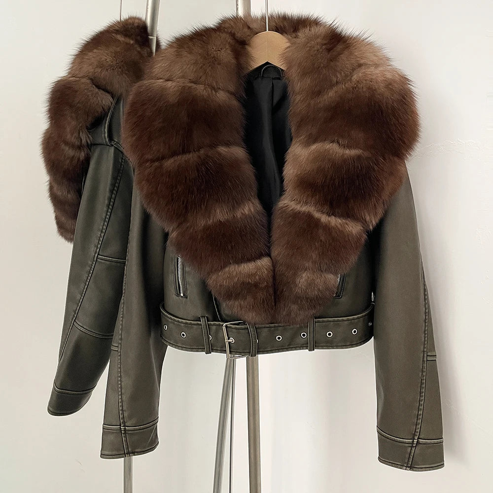 OFTBUY Natural Fox Fur Faux Leather Jacket Female New Autumn Short Top Clothing Women Long Sleeve Fake Leather Real Fur Coat