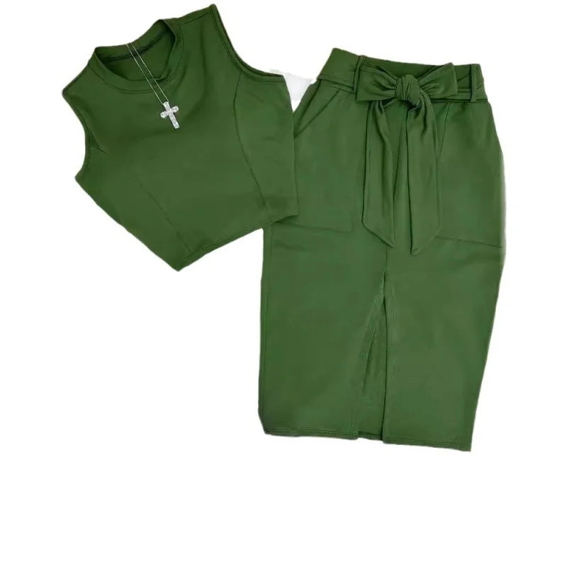2Pcs/Set Women's Crew Neck Sleeveless Vest + Split Skirt Two-Piece Suit Casual Female Clothes Tank Top Short Skirt Outfit
