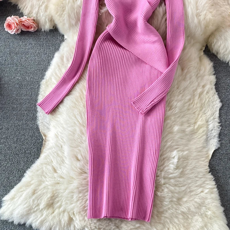 YuooMuoo Autumn Winter 2025 Women Dress Elegant Cross V-neck Slim Waist Knitted Bodycon Dress Korean Office Lady Vestidos