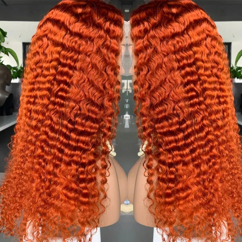 Swupod 13x4 13x6 220% Density Transparent HD Lace Front Wig for Women Deep Wave Remy Human Hair Ginger Orange 350# Loose Curly