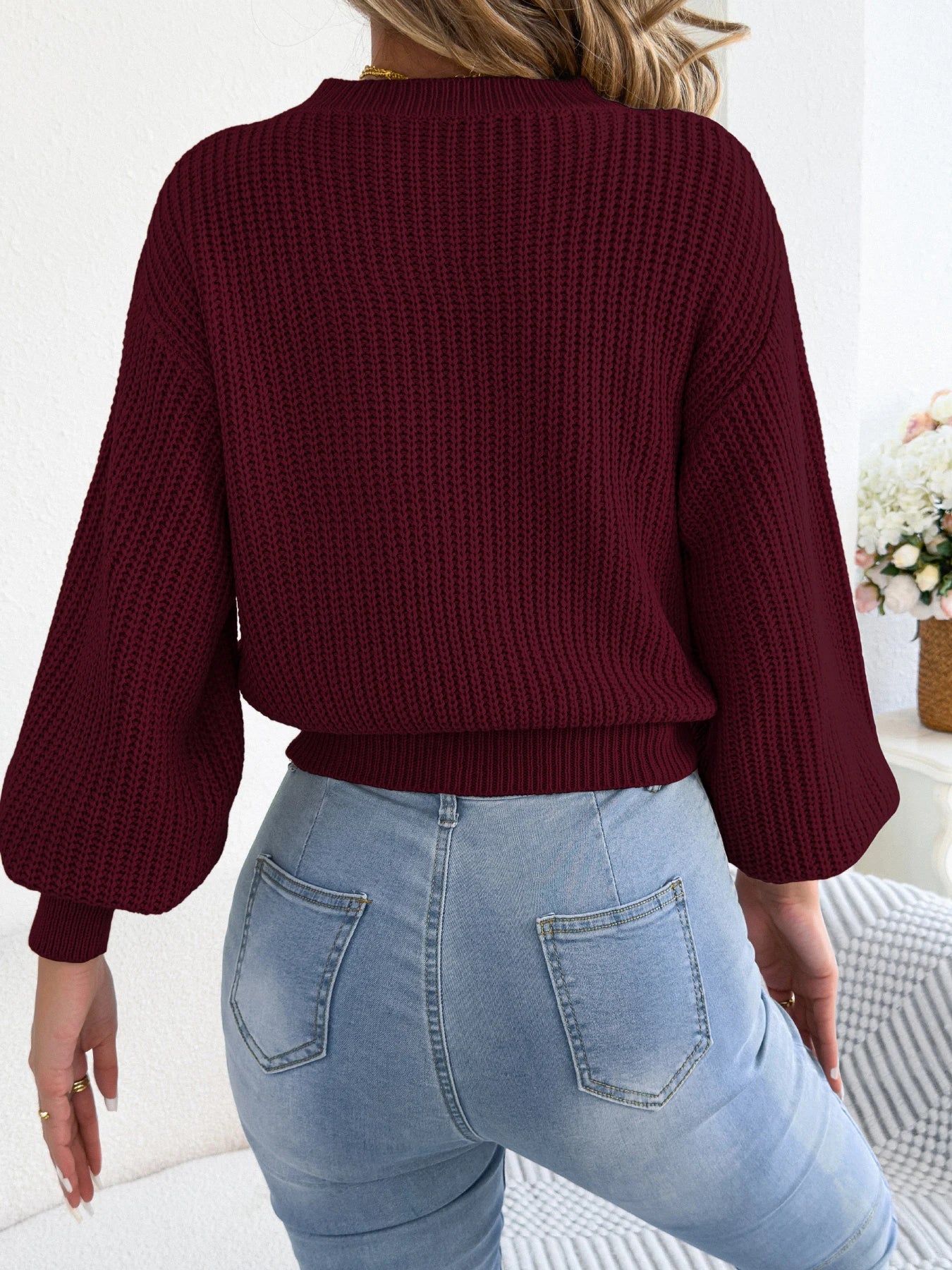 Women's Solid Color Round Neck Lantern Long Sleeve Knitted Sweaters for 2026 Autumn Winter Woman Clothes Yellow Red Khaki Tops
