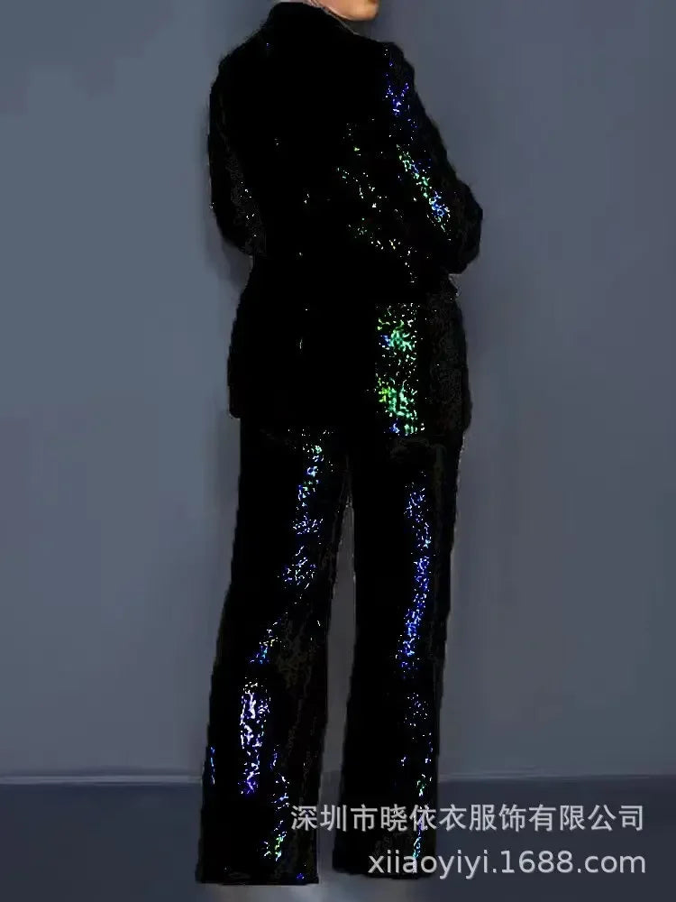 Sequin Blazer V-Neck Two Piece Pant Suit Set