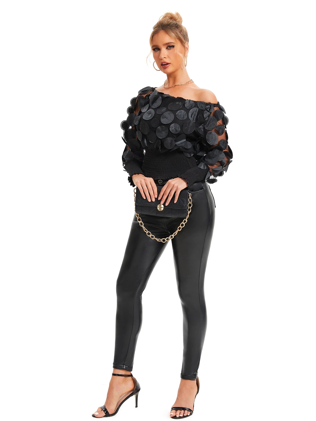 Applikationsbluse mit schrägen Schultern, elegante Langarmbluse für Frühling und Herbst, Damenbekleidung