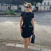 White Shoulder Pad Short Sleeve Party Dress Women's Elegant Tweed A-line O-neck Patchwork Luxury Black Evening Dresses Birthday