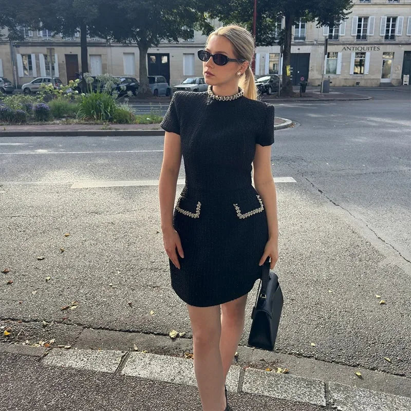 White Shoulder Pad Short Sleeve Party Dress Women's Elegant Tweed A-line O-neck Patchwork Luxury Black Evening Dresses Birthday