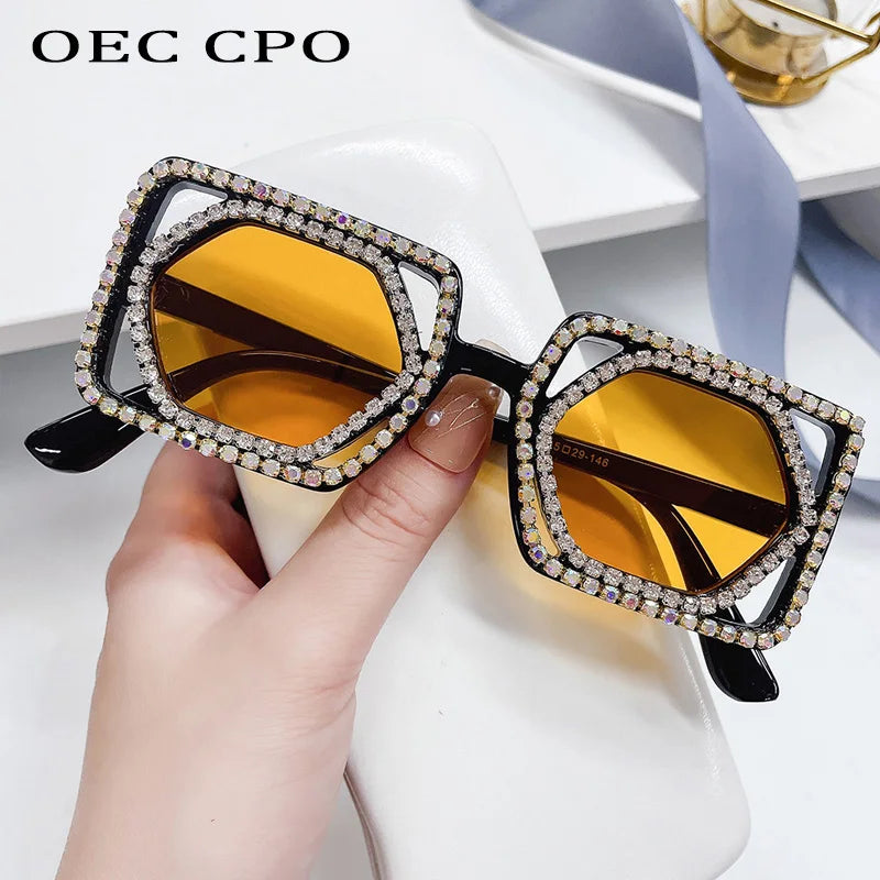 Quadratische Luxus Diamanten Sonnenbrille Damen Punk Mode Strass Sonnenbrille Weiblich Glänzend Sexy Gelbe Linse Brille Schatten Handgemacht
