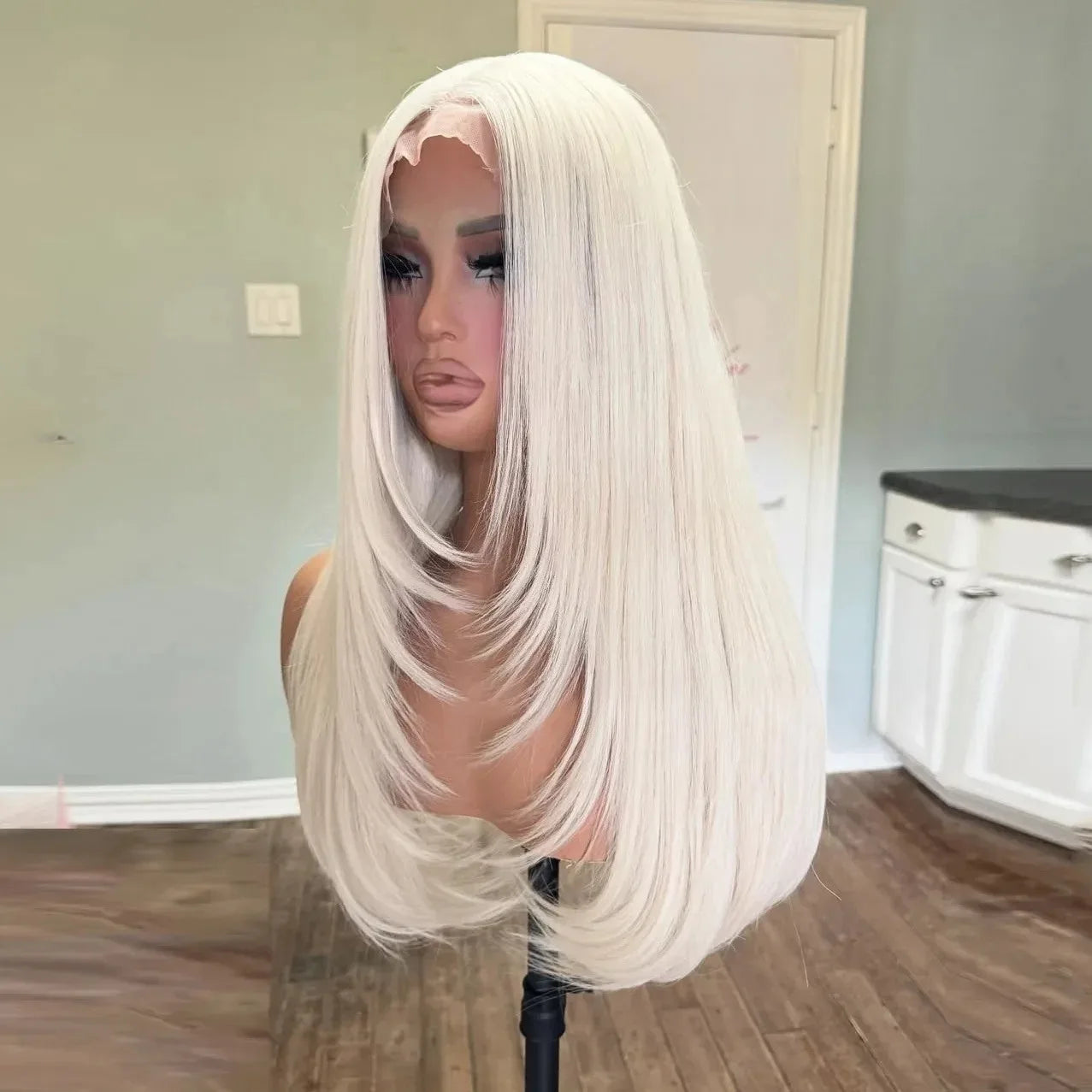 99J Burgundy Red Layered Lace Front Wig With Bangs Bone Straight Synthetic Lace Frontal Wigs 13x4 HD Glueless PrePlucked Cosplay
