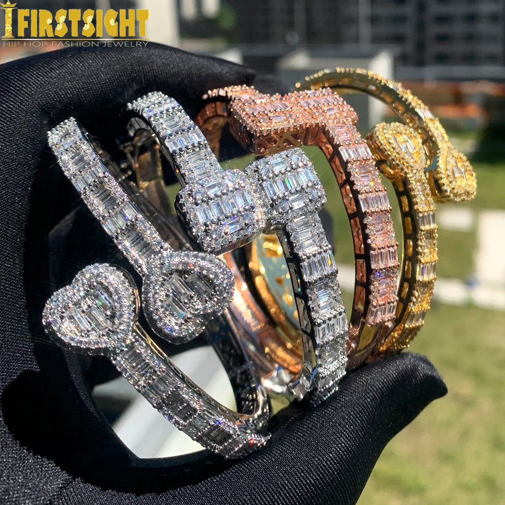 New Iced Out Bling Butterfly Heart Bracelet Silver Color CZ  Zircon Oval Charm Opened Bangle For Men Women Hiphop Luxury Jewelry
