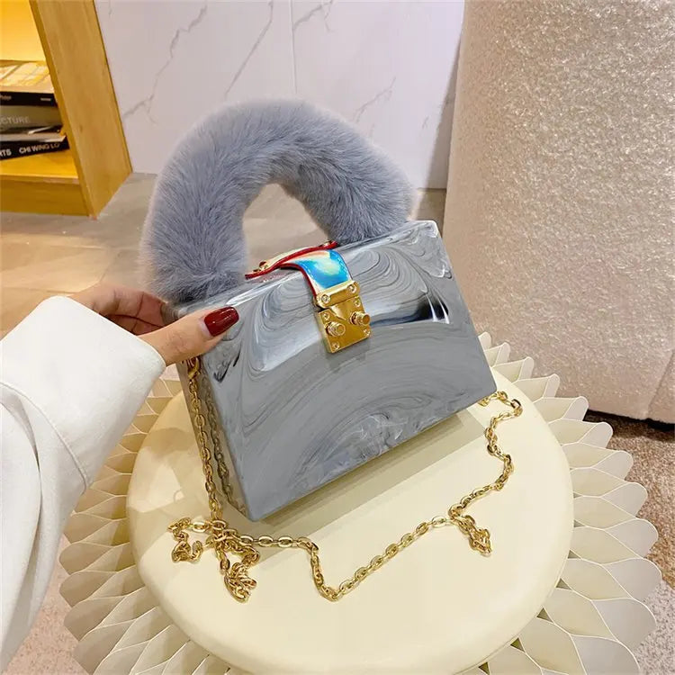 Faux Fur Top Handle Acrylic Party Box Clutch Fashion Purses and Handbags for Women Designer Evening Bag Chain Shoulder Bag