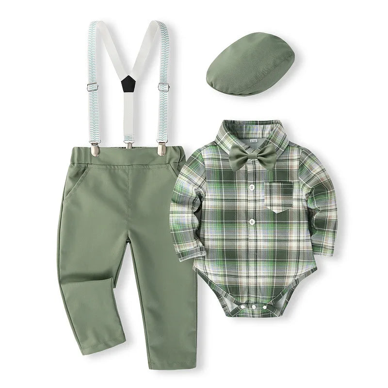 5Piece Spring Boy Clothes Korean Fashion Plaid Long Sleeve Bodysuit+Pants+Tie+Hat+Straps Baby Luxury Clothing Newborn Set BC1683
