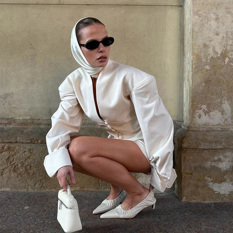 Urban White Women Blazer Coats Elegant Single Breasted V-neck Long Sleeve Female Jacket 2025 Autumn Office Lady Outwears