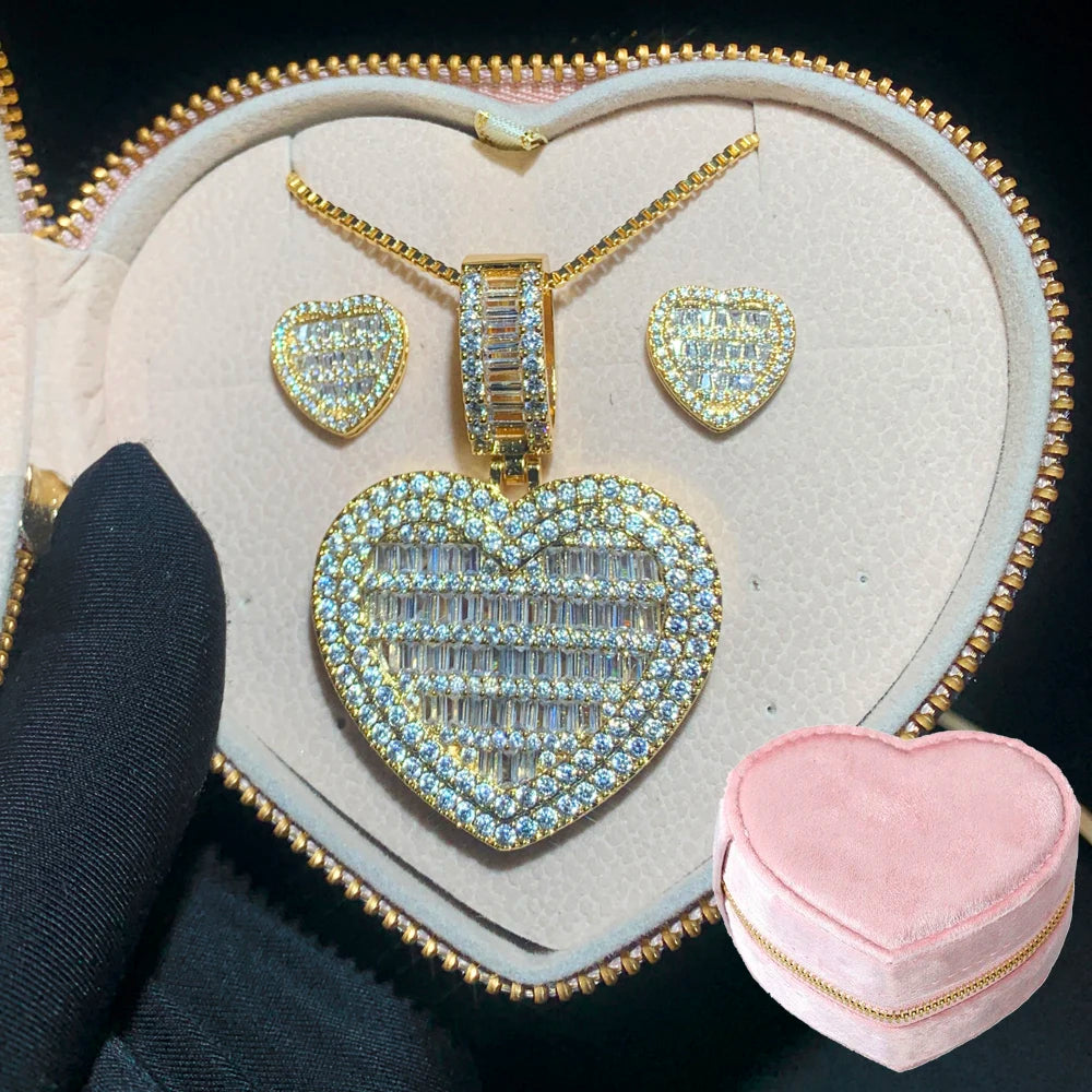 Auf Lager Iced Out Bling Damen Schmuck 5A Weißer Zirkonia Herzanhänger Halskette Mit Tennis Box Chain