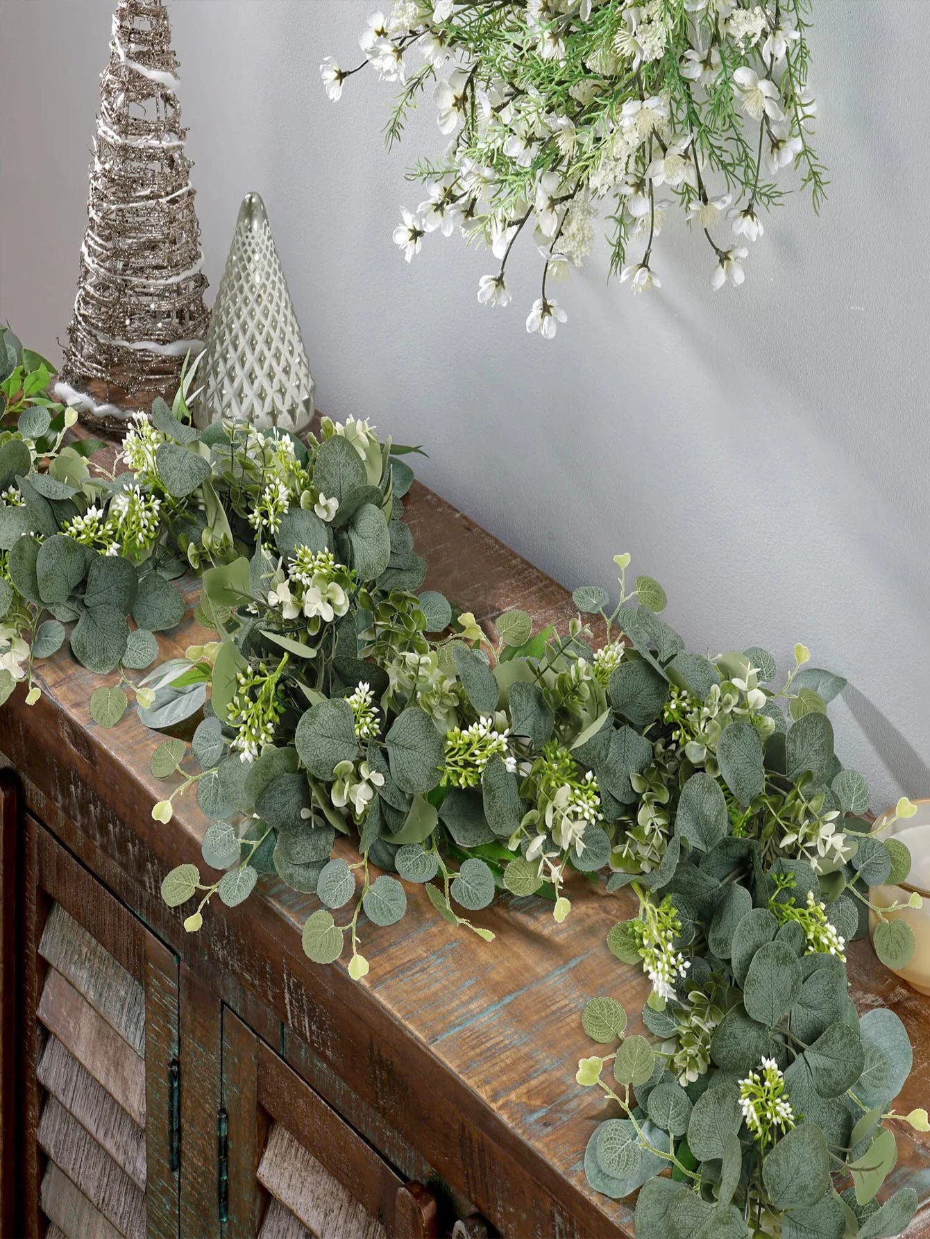 1pc Artificial Eucalyptus Leaves Greenery Garland Faux Plant Spring Vines with White Flowers Berries for Wedding Home Party Deco