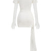 New Sexy Gloves Long Sleeves Cutout Pleated Draped Mini Dress Women Red/White Lace Floral Bodycon Dresses Party Cocktail Club